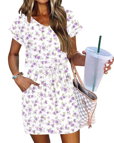 Image of AUSELILY Womens Summer Mini Dress, Short Sleeve V Neck Drawstring Casual | Soft smooth drape with an adjustable drawstring waist for beach, casual outings and daily wear