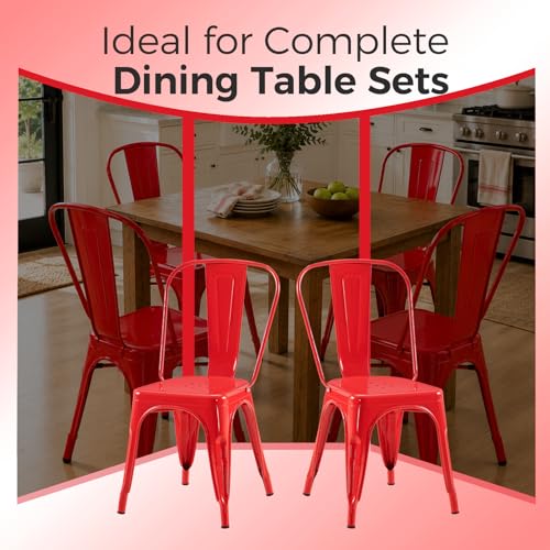 Image of Metal Dining Chairs with Backrest, Stackable, Red, 4 Pack | Easy Assembly, Non-Slip Feet, 330 lb Capacity, Kitchen, Restaurant, Cafe, Pub, Covered Patio