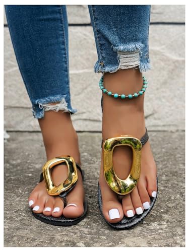Image of GORGLITTER Women's Gold Flip Flops Square Toe Summer Sandals 2026 Wedding Dressy Vacation Beach Slides Shoes