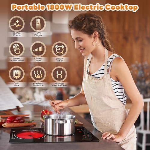 Image of 2 Burners Electric Cooktop, 110V Plug in Ceramic Cooktop, 12 Inch Countertop & Built-in Electric Stove Top with Dual-Ring Design, 9-Level Adjustment, Child Safety Lock, Timer, Overheat Protection