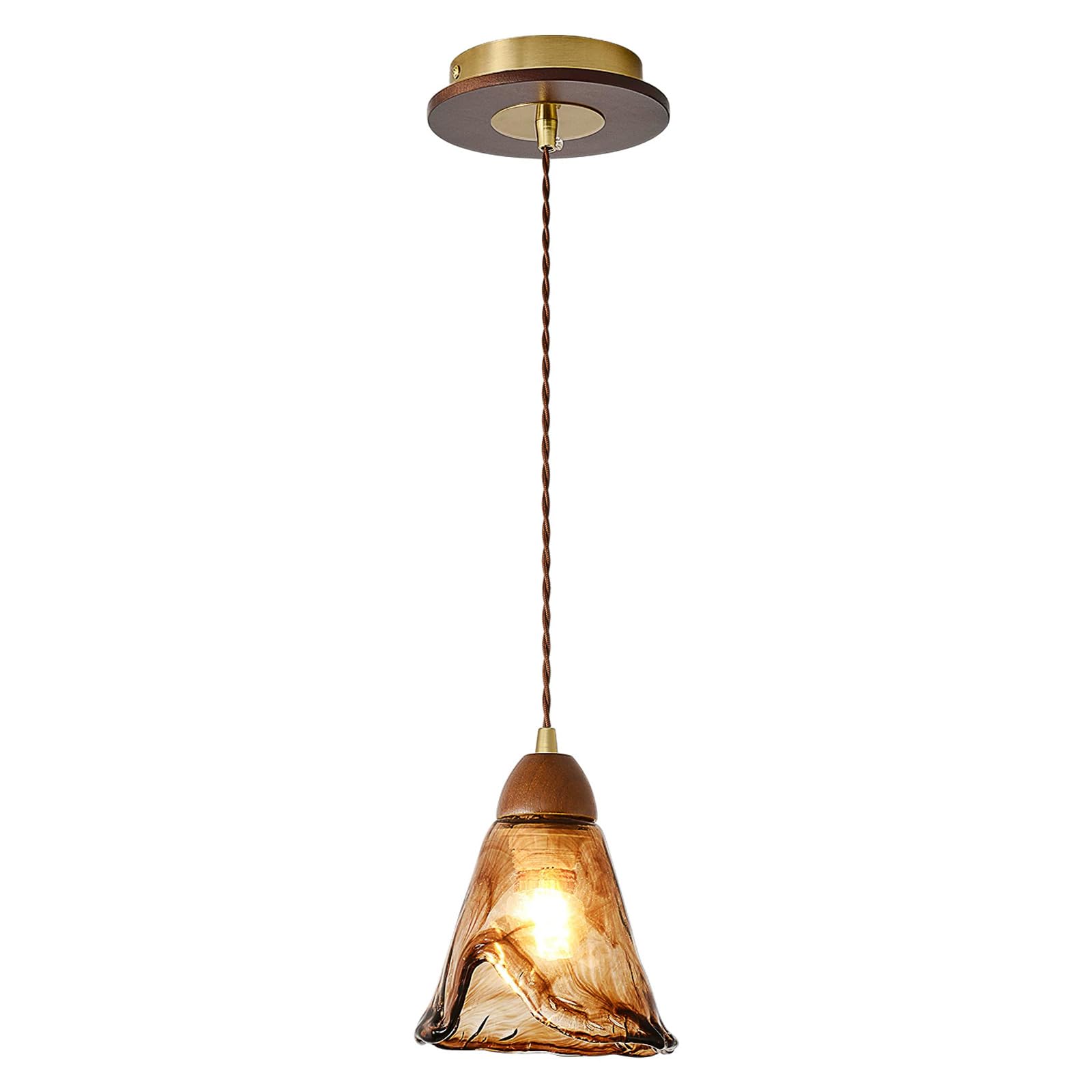 HUAYUSEDF Amber Glass Vintage Pendant Light Height Adjustable Handmade Hanging Lamp Kitchen Island Fixture with Wood for Bedroom Dining Room Hotel(5.9 * 7.9 Inches)