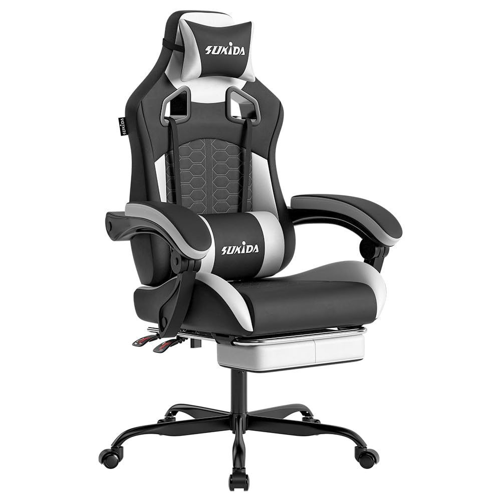 SUKIDA Gaming Stuhl,Ergonomischer Gaming-Stuhl mit Fußstütze, Racing Gaming Chair Kopfstütze Verstellbarer Computerstuhl Höhenverstellbar Lendenwirbelstütze für Homeoffice und Gaming und Gaming
