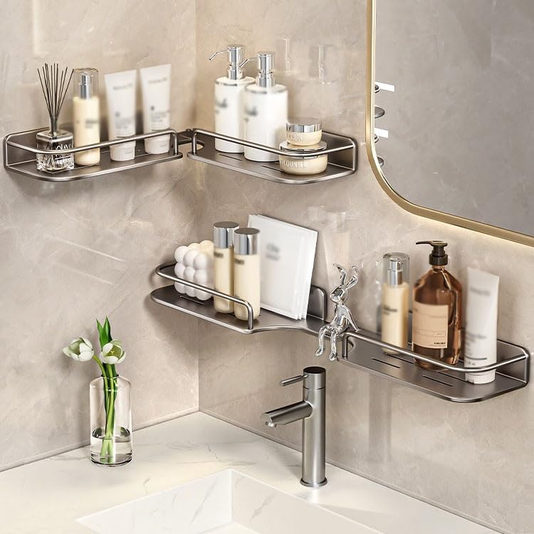 Estanteria Ducha Estante de almacenamiento for baño montado en la pared, estante de ducha de esquina ajustable de 270°, estantes de ducha de acero al carbono modernos sin perforaciones for el baño de