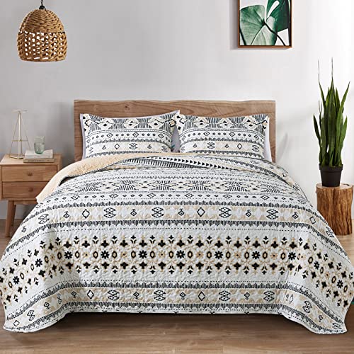 Image of BEDIFANY Boho Quilt Bedding Set, 3 Pieces Stripe Queen Bedspread Lightweight Boho Queen Quilt, All-Season Bed Spread Coverlet Set for Bed Decoration