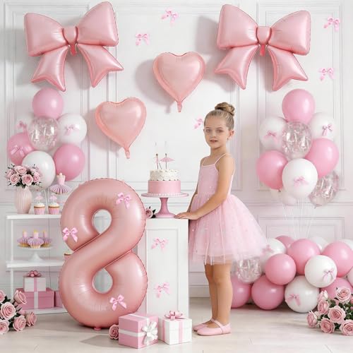 Image of 8th Birthday Decorations for Girl,Pink 8 Balloons for Party Decorations | 8 Year Old Birthday Decoration,Anniversary Party Decor,Pink White Balloons,Bow Print Balloons,Heart Balloons