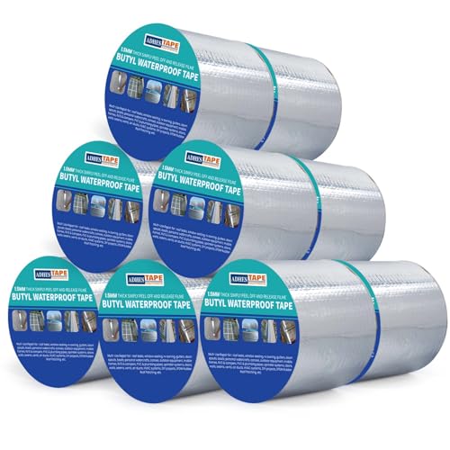 ADHES - Cinta de butilo impermeable de aluminio con goma fuerte, 100 mm x 5 m, 12 rollos de 1,5 mm de grosor para fugas en el techo, grietas en la superficie, hueco del alféizar de la ventana, rotura