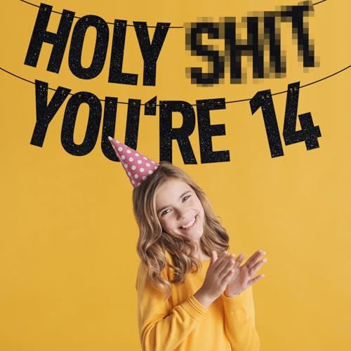 Image of Black Glitter Holy Shit You're 14 Banner, Happy 14th Birthday /Level 14 Unlocked, Funny 14th Birthday Party Decorations Supplies