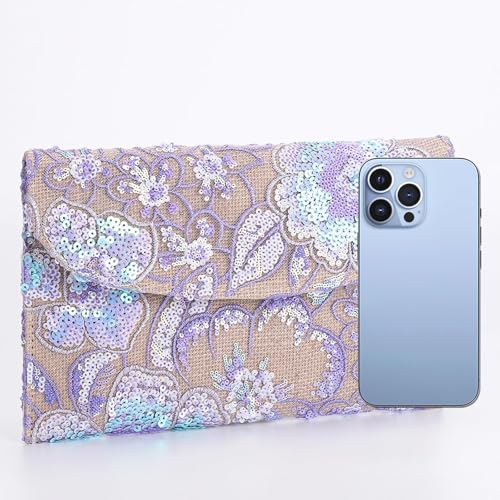 Image of Clutch Purses for Women, Envelope Package, Sequin Embroidered Flowers Straw Bag, Bohemian Handmade Handbags