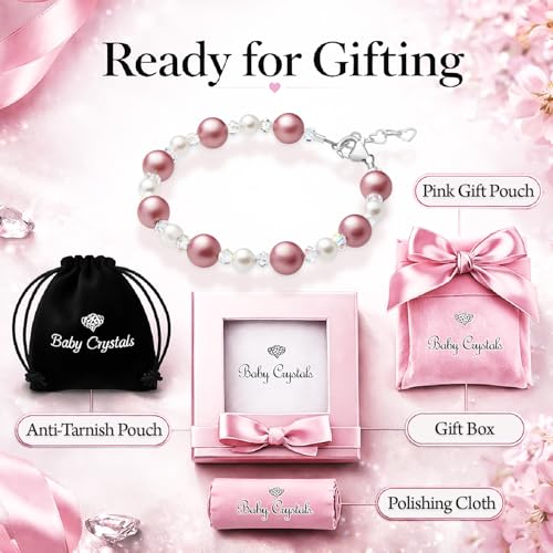 Image of Baby Crystals Sterling Silver Pink Pearl Bracelet for Baby Girls I Newborn, Infant Baby Girl Gifts, Toddler, Teen, Mommy I Birthday Gift I Children's Jewelry I Womens Bracelets for Girls