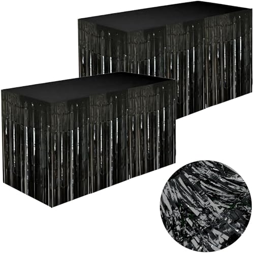 2 Pezzi Gonna da Tavolo Nera Con Frange, Decorativa, Rettangolare per Baby Shower, Matrimonio, Compleanno - L275cm*H75cm