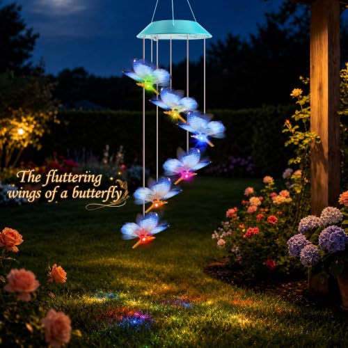 Image of Toodour Solar Wind Chime, Color Changing LED Swaying Butterfly Wind Chimes, Upgrade Butterfly with Fluttering Wings, Waterproof Solar Outdoor Light Decor for Garden Window Patio, Gift for Mom Grandma