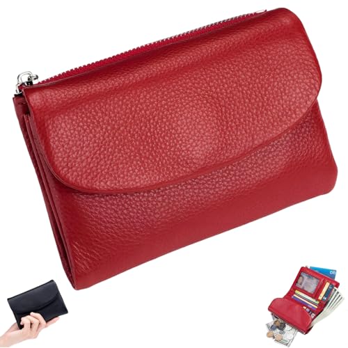 Unisex Pebble Leather Wallet, Small Wallets for Women, Genuine Leather Coin Purse with Credit Card Holder, Coin Holder & Cash Slots, Genuine Leather Wallet for Men & Women (Red)