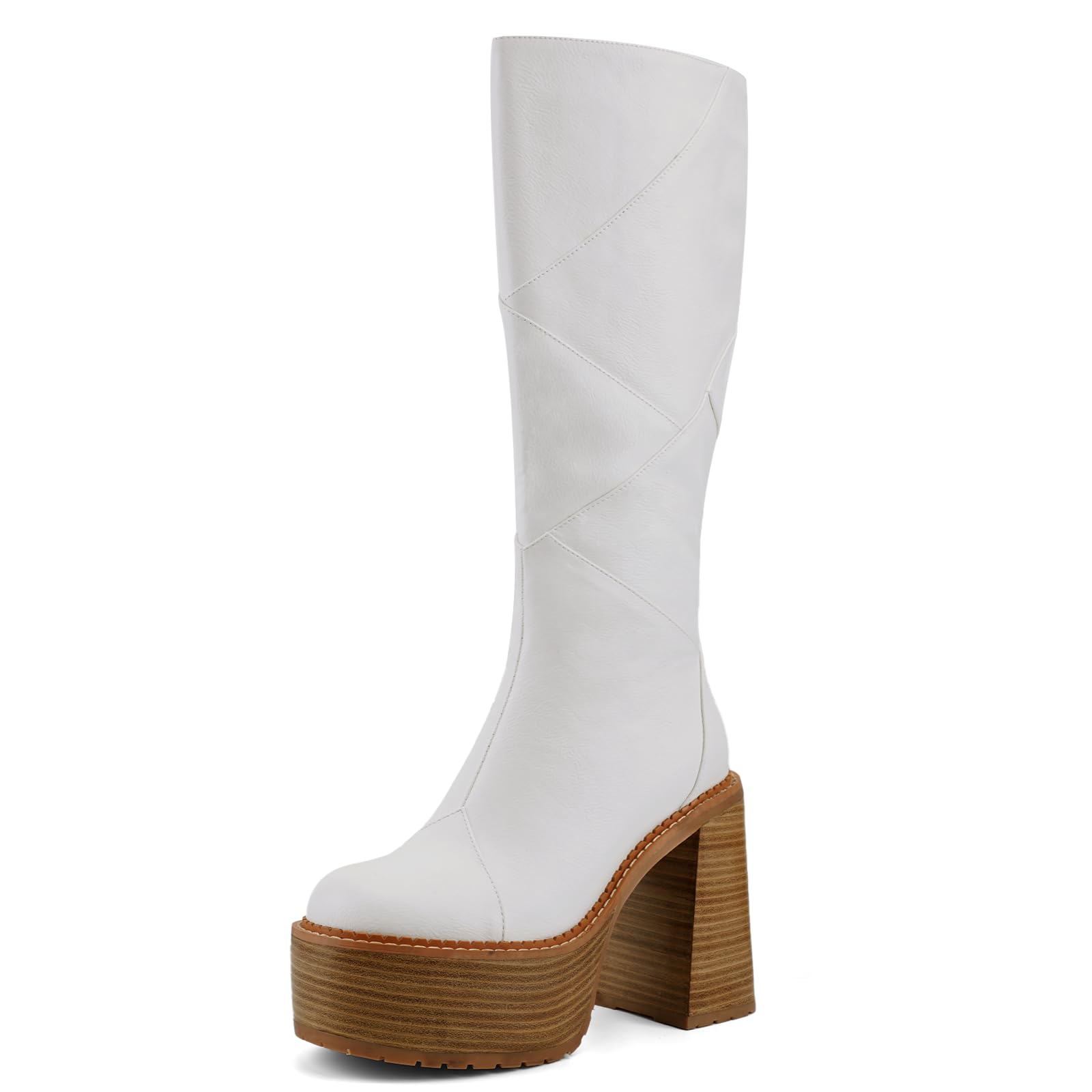 Platform Mid Calf Boots for Women High Heel Block Heel Womens Tall Boots Square Toe Comfortable Casual Boots