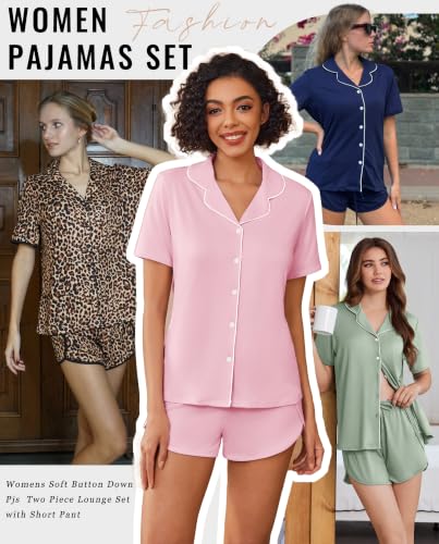 Image of Ekouaer Pajamas for Women Set Button Up Sleepwear 2 Piece Pjs Lounge Set Short Sleeve Nightwear