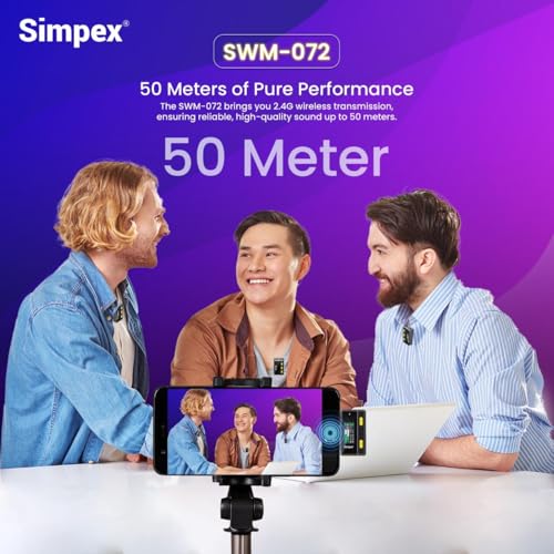 Image of Simpex (Mic-072 Wireless Microphone System with Remote & Noise Cancellation, 12 Sound Effects, 3 Voice Modes, 50m Range, Use with iPhone /Android & DSLR Camera for Vlogs, Interview & Podcasts