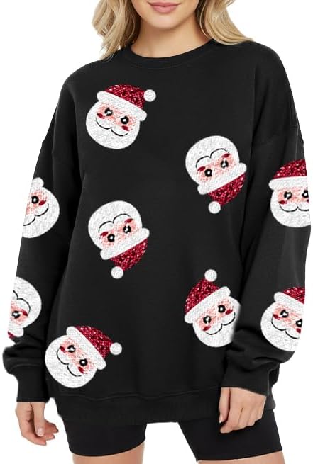 Christmas Sweatshirts for Women Oversized Sequin Santa Sweatshirt Christmas Graphic Tee Long Sleeve Holiday Pullover