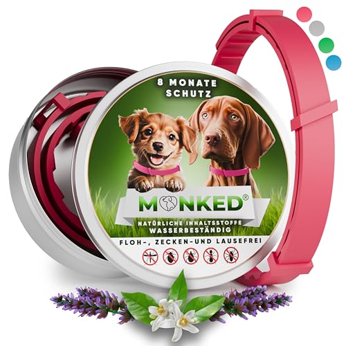Monked | Natürliches Halsband für Hunde ohne Chemie | Verstellbar für kleine & große Tiere | Bis zu 8 Monate Schutz | Anti-Zecken & Flohschutz | Langanhaltender Zeckenschutz Hund [Pink]