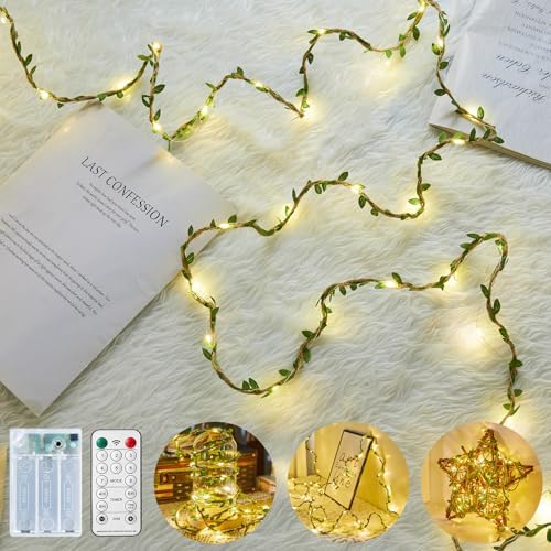 Minetom Vine Fairy Lights Battery Operated: 21ft 60 LED Leaf-Embellished Hemp Rope Fairy Lights with Remote - Twinkle String Lights for Girls Bedroom Dorm Room Wall Decorations