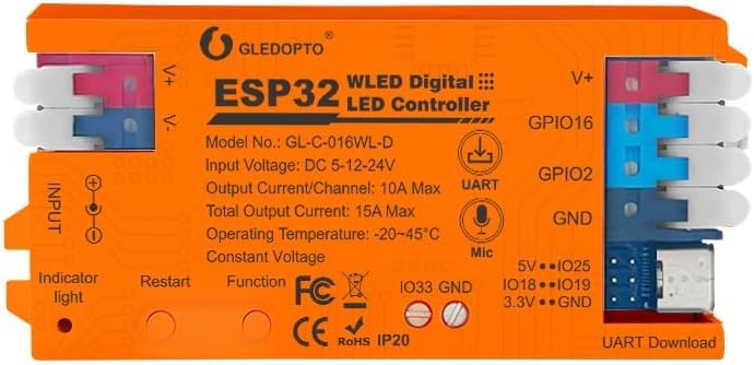 ESP32 WLED Strip Controller with Music Mic, & UART USB Type-C Download ,App Control,100+ DIY Lighting Effects for RGB IC Addressable Digital WS2811 WS2812 SK6812 TM1814 WS2813 WS2815 Strip Light