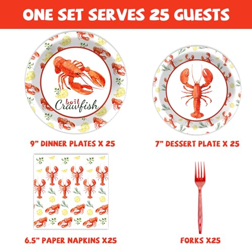 Image of Qyeahkj 100 Pcs Crawfish Boil Party Plates and Napkins Set Crawfish Party Decorations Supplies Lobster Seafood Shrimp Boil Tableware Crawfish Crab Party Favors for Birthday Baby Shower Serve 25