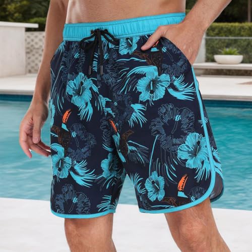 Mens Printed Swim Trunks Lightweight Board Shorts Elastic Waist Multi Pocket Beachwear