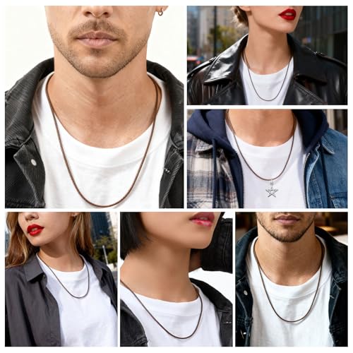 VNOX 2/3mm Leder Halskette Männer: Kunstleder Kette Braune Gewebt mit Edelstahl Verschluss Lederkette Herren Lederband Kette Herren Damen Länge 40-55cm Wählbar(50-3mm)