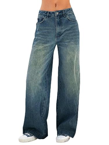 EMMIOL Women's 2025 Wide Leg Jeans Distress Mid Waist Denim Pants Vintage Y2K Trousers