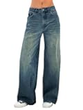 Women's 2025 Wide Leg Jeans Distress Mid Waist Denim Pants Vintage Y2K Trousers(Dark Blue,S)