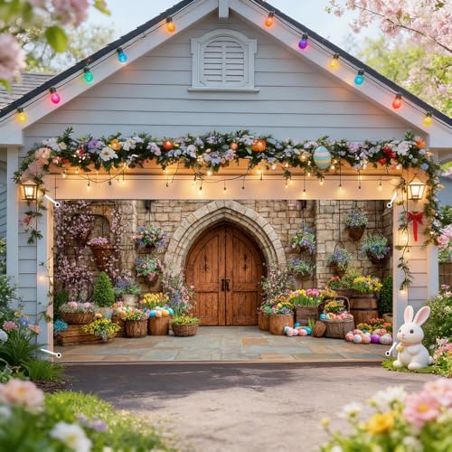Image of Spring Castle Door Garage Cover 157x70 inch Floral Baskets Colorful Eggs Stone Arch European Outdoor Mural Banner Waterproof Home Decor