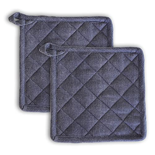 Image of 2 Pot Holder Heat Resistant Cotton Hot Pad or Pot Stand for Kitchen Cooking & Baking | Quilted Thick Fabric, Easy Grip, Hanging Loop (Blue)