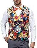 LINOCOUTON Mens Day of Dead Dia De Los Muertos Costume Mexican Sugar Skull Waistcoat Vest with Bow Tie, Flower Skull, X-Large