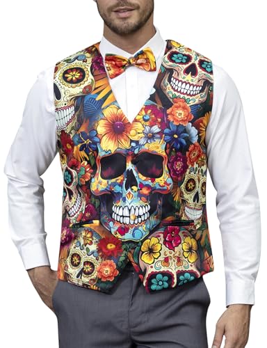 LINOCOUTON Mens Day of Dead Dia De Los Muertos Costume Mexican Sugar Skull Waistcoat Vest with Bow Tie Flower Skull X-Large