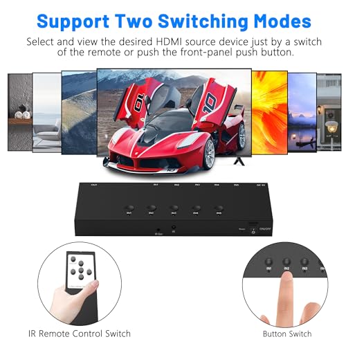 Image of 4K@60Hz 5 in 1 Out HDMI Switch, 5 Port HDMI Switcher Selector Support HDR10 & HDCP 2.2 & Full 3D with IR Remote Control and ON /Off Switch for Nintendo Switch,Xbox PS5 /PS4,Fire Stick,Roku,Apple TV