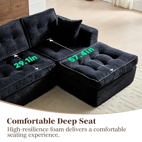 Image of ROXGOX Cloud Couches for Living Room, Modern Modular Sectional Sofa with L-Shape Chaise, Boneless Couch with Deep Seat, Plush Corduroy, No Assembly Required (Black)