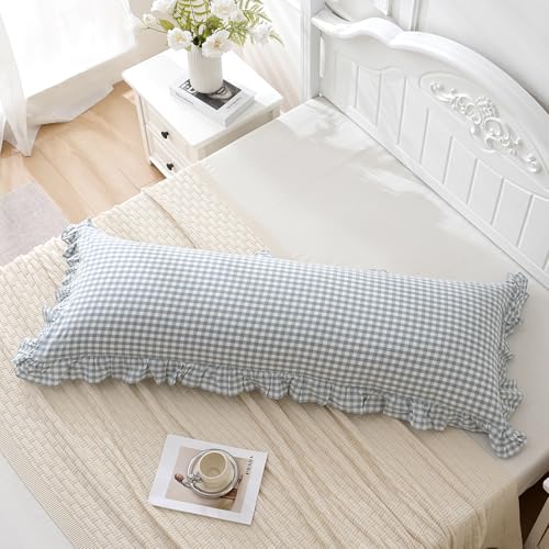 Blue White Plaid Ruffled Body Pillow Sham Washed Cotton Shabby Checkered Gingham Pillow Cover 20"x54"