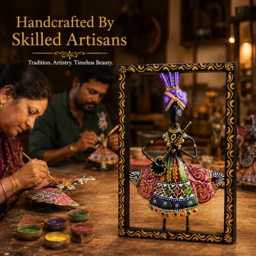 Image of iHandikart Metal Wall Art for Home Decor | Rajasthani Folk Musician Wall Sculpture with Stone Work | Hand-Painted Iron Wall Hanging for Living Room, Bedroom, Hallway, Office | 11.5 x 8 Inch