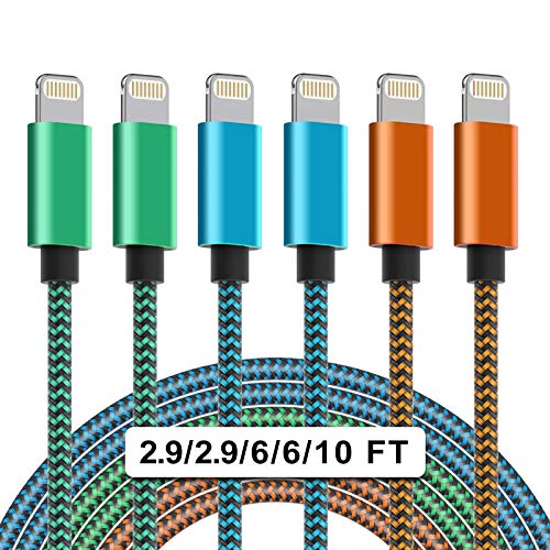 WZK Colorful 6 Pack iPhone Charger, 2.9/2.9/6/6/10/10 FT [Apple MFi Certified] Lightning Cable Compatible iPhone12 11 Pro Max XR XS X More Series
