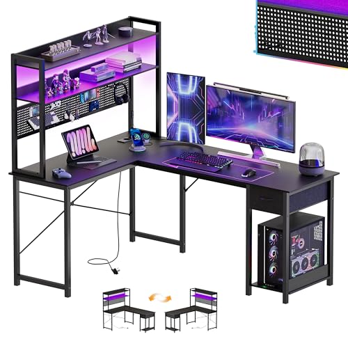 YOUDENOVA Bureau Gaming d'angle avec Panneau Perforé, Table de Rangement avec LED et Prises, Bureaux Ordinateur avec étagère Réversible en Forme de L, 155...
