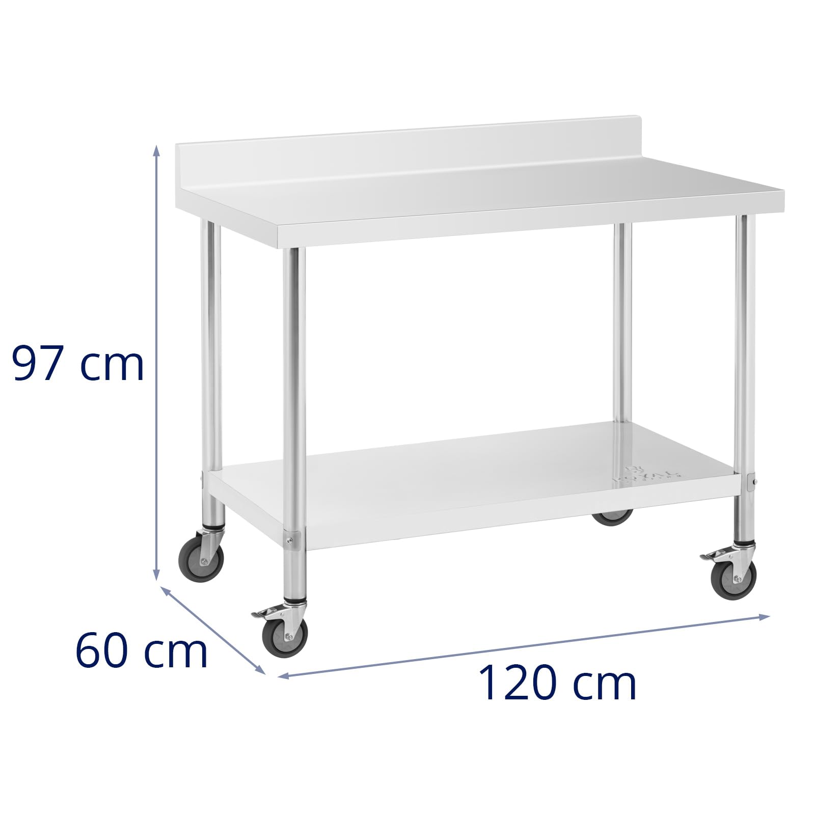 Royal Catering Tavolo in acciaio inox con ruote e alzata – 60 x 120 cm, portata 158 kg