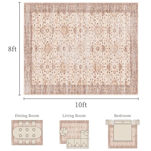 Vintage 8x10 Washable Area Rug, Low-Profile Large Area Rug with Non-Slip Backing & Durable Edge Binding, Pet-Friendly Carpet, Large Rug for Living Room, Bedroom, Dinning Room