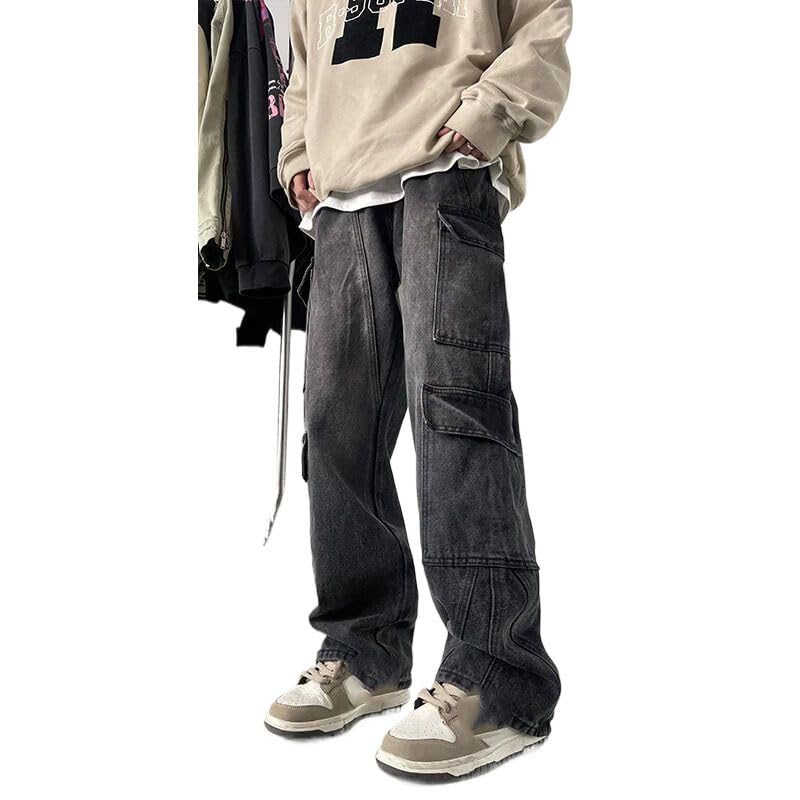 Men's Cargo Jeans Straight Casual Trousers Hip Hop Pants