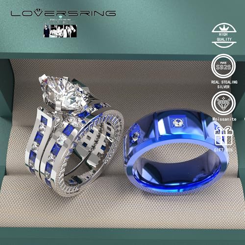Wedding Ring Sets His And Hers Promise Ring Wedding Ring Sets His And Hers Couples Women 925 Sterling Silver Blue Mariquesa Moissanite Man titanium Wedding Band2