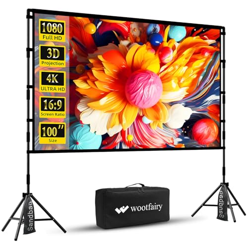 Projector Screen with Stand, Wootfairy 100 inch Foldable and Portable Projection Screen 16:9 4K HD Rear Front Wrinkle-Free Movie Screen with Carry Bag for Indoor Outdoor Home Theater Backyard Cinema