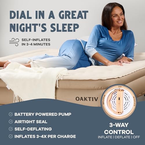 Image of Oaktiv Twin Air Mattress with Frame, Self Inflating /Deflating Bed for Adults - PeakRest Blow Up Bed, Camping Cot with Mattress - Portable with Travel Rolling Case on Wheels