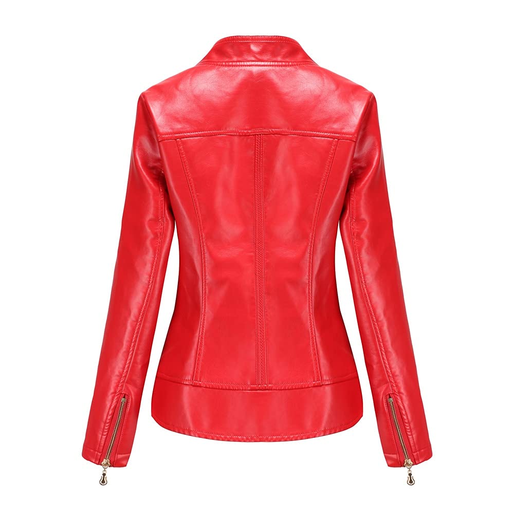 Primavera Otoño Cuello De Giro Dama Faux Chaquetas De Cuero Mujeres Solid A Motor Solid (Color : Black, Size : Small)