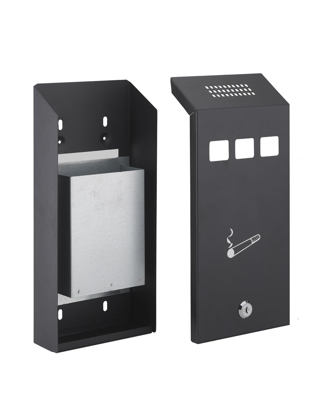 THIRARD - Cenicero de Pared - Acero - Compartimento Extraíble - 325 x 174 x 60 mm - 2 Llaves - Epoxy Negro Granulado - Fijación Mural - Caja Acero - Cierre con Cerradura