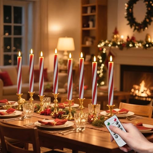 Image of Christmas Flameless Taper Candles Flickering Battery Operated with Remote Timer, 2 Pack Real Wax 3D Wick LED Taper Candles Candy Cane Decals Holiday Indoor Dinner Decor(0.76 inch D x 9.65 inch H)