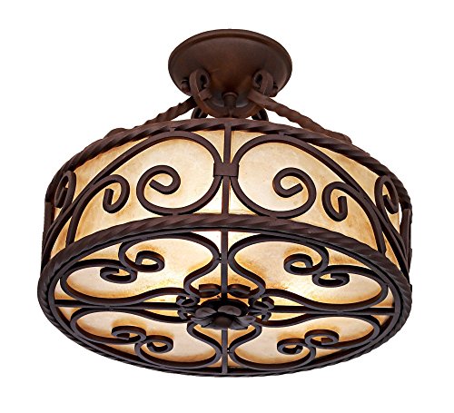 John Timberland Natural Mica Collection Rustic Ceiling Light Semi-Flush Mount Fixture Deep Walnut Scroll 15" Wide Drum Shade For House Bedroom Hallway Living Room Bathroom Dining Kitchen #TOP6