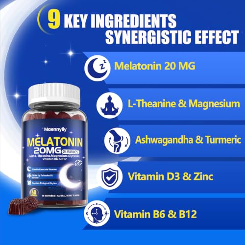 Image of Maennyliy Melatonin 20mg Gummies for Adults - Sugar Free Melatonin Gummies Extra Strength with L-Theanine, Magnesium, Ashwagandha, Turmeric, D3 & Zinc - Non-Habit Forming