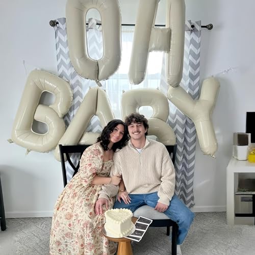 Image of 40 Inch Beige OH BABY Balloon for Baby Shower, Large Cream White Oh Baby Balloons Letters with Ribbon, Neutral Ivory Alphabet Oh Baby Balloon Banner Sign for Gender Reveal Backdrop Party Decorations